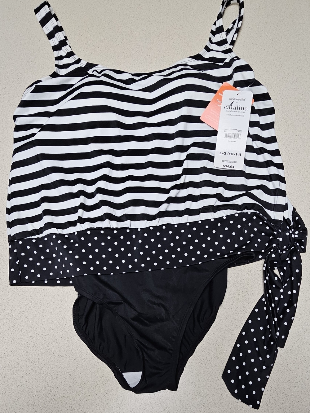 NWT Catalina Nautical Striped Tankini Set Black White Polka Dot Trim Modest Lrg